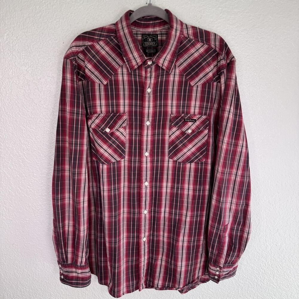 Vintage Lucky Brand Shirt Mens 2XL Western Pearl Snap Plaid Cowboy Red XXL Vtg